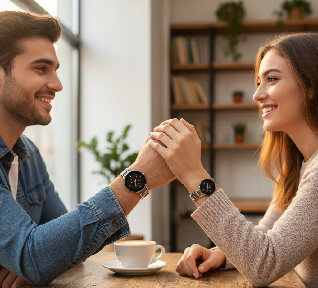 Romantic setting with matching watches placed together