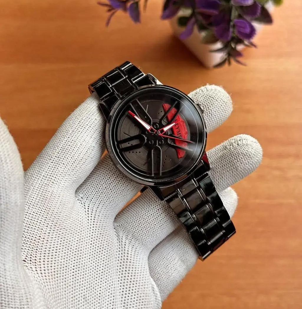 Close-up of the stylish spinning dial on the quartz wristwatch