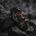 Men's watch featuring a rotating wheel-inspired dial and durable strap