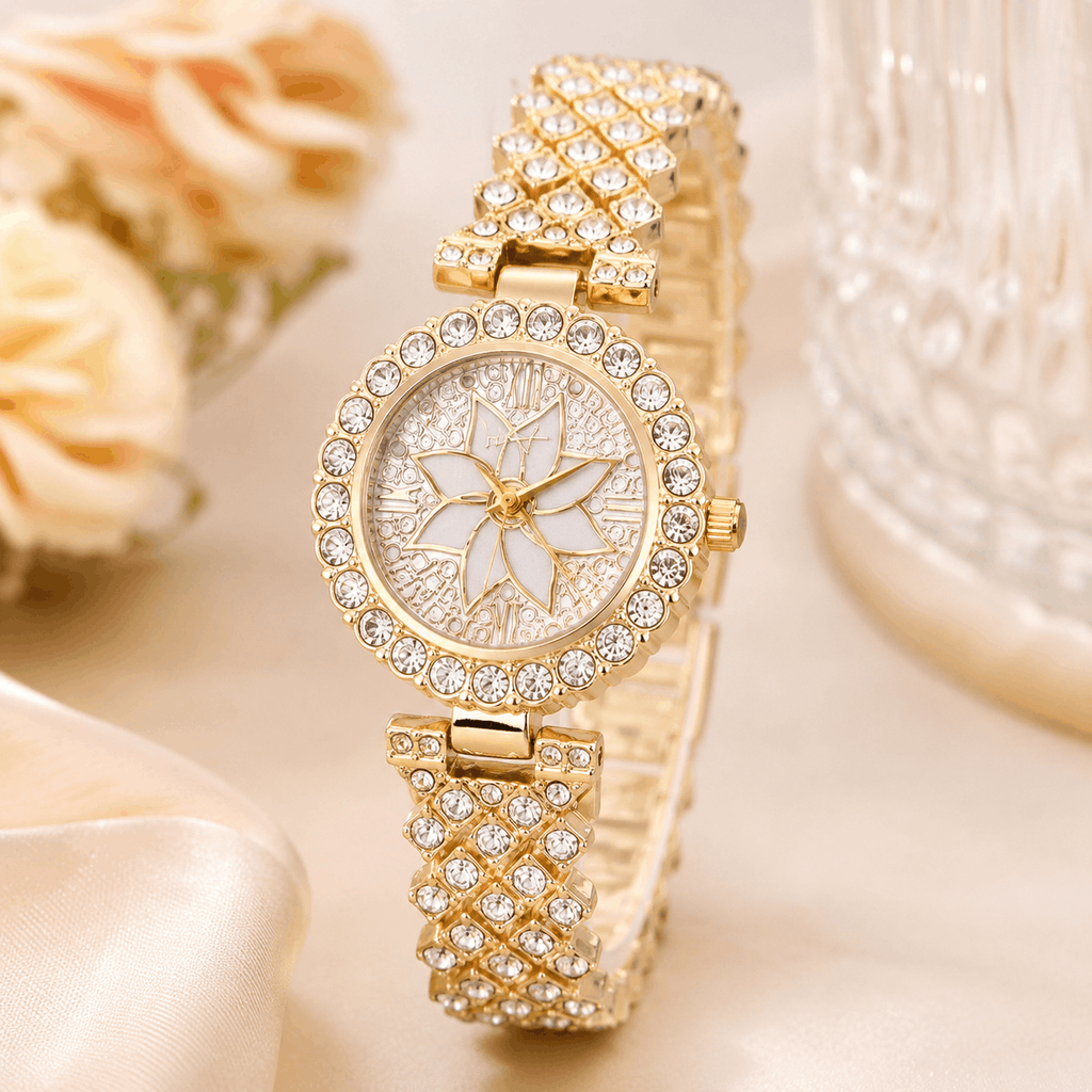Close‑up of elegant floral‑inspired analog dial on women's watch