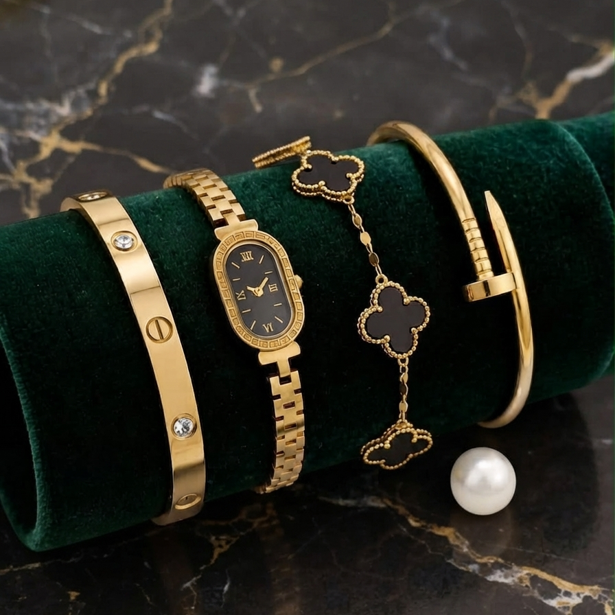 Styled view of the gold clover jewelry set worn on a wrist for a sophisticated look