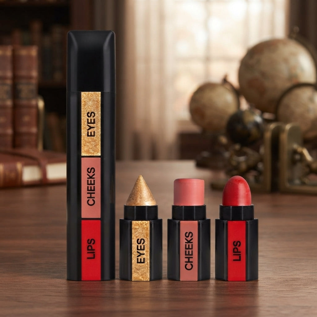 Product packaging of the 3 In 1 Makeup Stick with random color displayed on a vanity