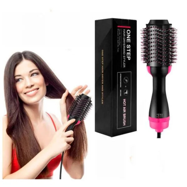 Product displayed with its three functions: dry, straighten, curl