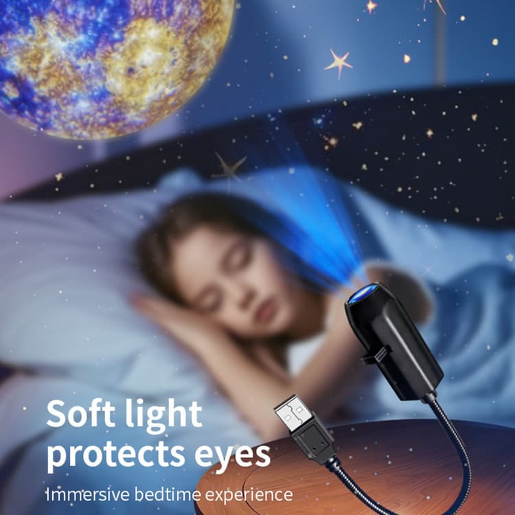 USB-powered ceiling projector with six lenses showing moon and stars