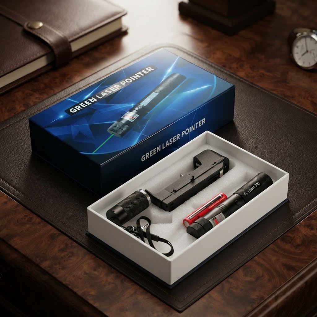 Green laser pointer showing rechargeable battery and charger set.