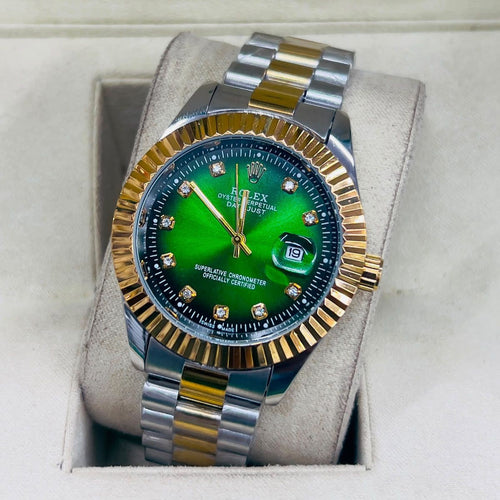 Classic steel wrist watch featuring a polished stainless steel band and green dial.