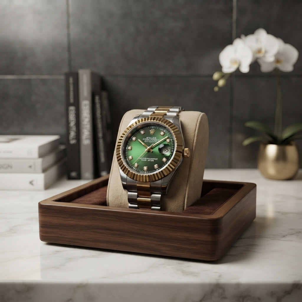 Side view showing the round case and smooth quartz movement of the watch.