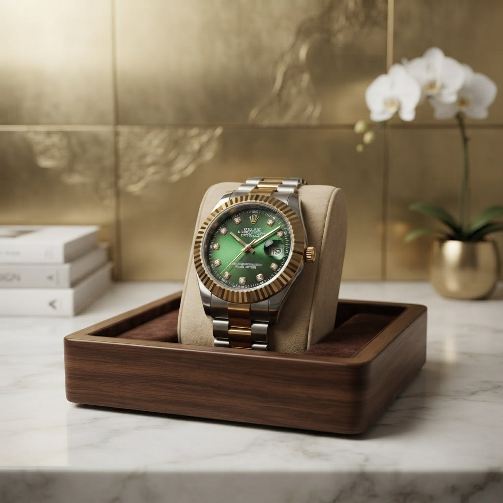 Close-up of the green dial on a sleek steel automatic wrist watch.